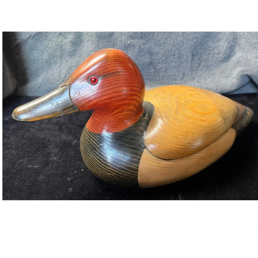John Bass Signed Hand Carved Wooden Redhead Duck Decoy Figurine 12.5 Inch